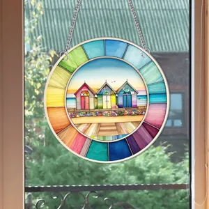 Colorful beach huts stained glass round hanging wall decoration for home and window display