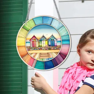 Colorful beach huts round hanging wall decor with rainbow stained glass style border, home art.