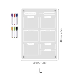 Clear acrylic weekly planner board with markers and size dimensions for home office use.