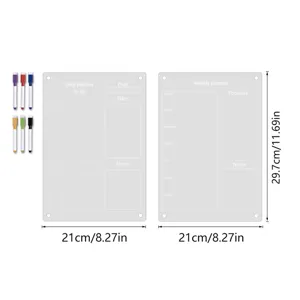Transparent acrylic weekly and daily planner board with magnetic dry erase markers for office.