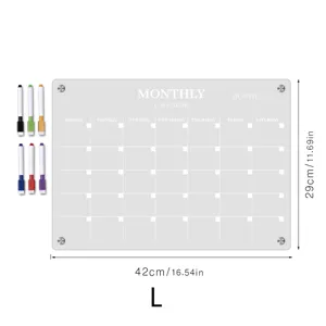 Clear acrylic monthly calendar board with 6 colored markers and metal mounting hardware.
