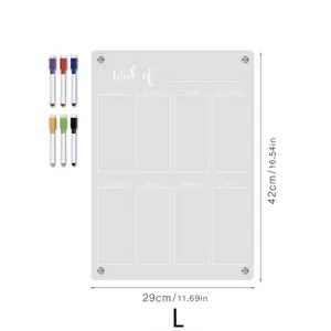 Clear acrylic weekly calendar planner board with dry erase markers and size dimensions.
