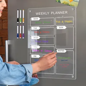 Close up of clear acrylic magnetic weekly planner board with markers on fridge surface.