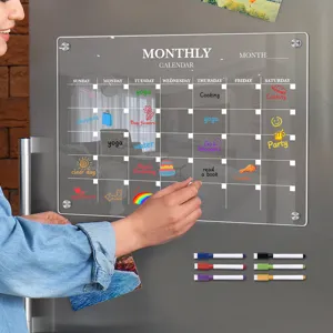 Clear acrylic monthly calendar dry erase board for refrigerator, reusable magnetic planner with pens.