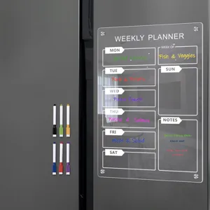 Clear acrylic weekly planner board for refrigerator, magnetic dry erase calendar with markers.