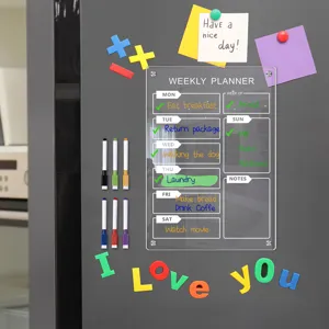 Clear acrylic weekly planner board magnetic dry erase calendar for fridge organization.