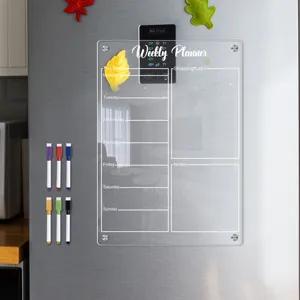Clear acrylic magnetic weekly planner board for refrigerator with markers and memo notes pad