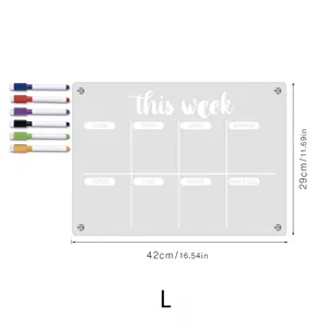 Acrylic weekly planner dry erase board with colorful markers and clear size details