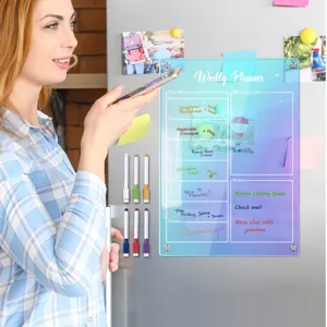 Acrylic magnetic weekly planner board for fridge, dry erase calendar with pens for kitchen use.