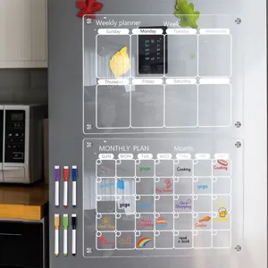 Clear acrylic magnetic dry erase weekly monthly planner board for fridge with markers.