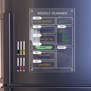 Acrylic magnetic weekly planner for fridge with erasable markers, clear memo board.