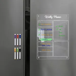 Clear acrylic weekly planner dry erase board magnetic calendar for fridge with markers.