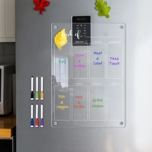 Clear acrylic magnetic weekly calendar planner board for fridge with dry erase markers memo.