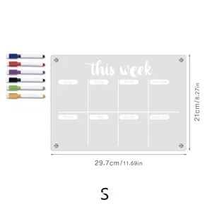 Clear acrylic weekly calendar dry erase board detail view with six colorful markers.