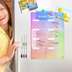 Tableau hebdomadaire magnétique en acrylique pour frigo avec feutres effaçables notes.
