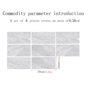 Marble tile sticker detail view, showing 8 pieces of grey self-adhesive wall stickers with dimensions 30x15cm.