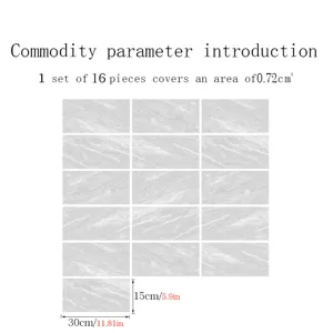 Marble texture tile stickers detail showing 16 pieces set and dimension parameters.