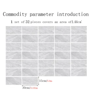 Grey marble texture self-adhesive tile sticker set, 32 pieces, waterproof wall decor.