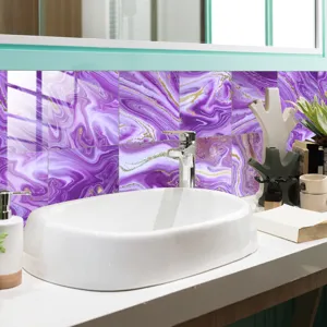Purple marble tile sticker detail showing glossy texture and gold veins in modern bathroom.