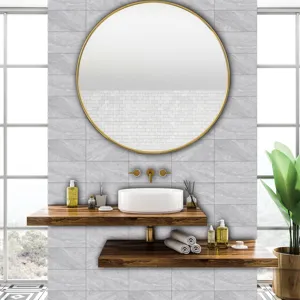 Detail view of marble texture tile sticker in modern bathroom scene for wall decoration.