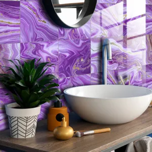 Bathroom purple marble tile sticker detail, self-adhesive wall decor surface close-up.