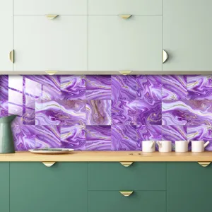 Detail shot of purple marble pattern tile sticker applied on modern kitchen backsplash wall.