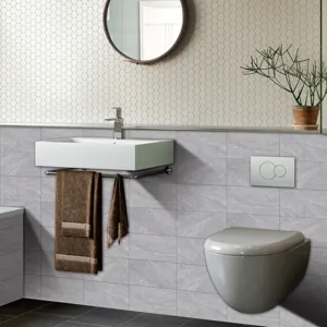 Gray faux marble tile stickers for wall decoration, waterproof self-adhesive film for bathroom.