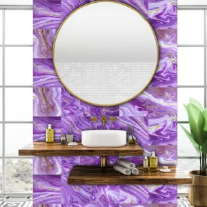 Detail view of purple marble tile sticker for stylish bathroom wall and home decor.