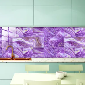 Purple marble peel and stick tile sticker, waterproof wall decor for kitchen backsplash.