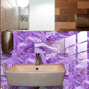 Detail view of purple marble pattern crystal film tile sticker for wall and home decor.