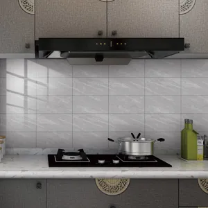 Kitchen detail scene showing marble pattern wall stickers installed on the backsplash tile.