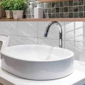 Marble pattern crystal film tile stickers for modern bathroom wall decoration and home DIY.