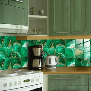 Green marble crystal film tile sticker detail shot, self-adhesive wall decor for kitchen backsplashes.