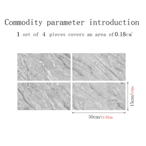 Marble tile sticker set detail showing dimensions 15x30cm with self adhesive crystal film.