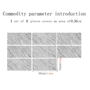 Grey marble pattern crystal film tile stickers, self-adhesive wall stickers for home decor set of 8.