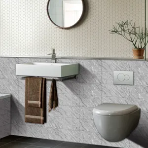 Marble effect tile sticker scene detail showing bathroom wall and floor decor application.