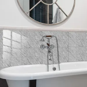 Detailed view of grey marble pattern self-adhesive tile sticker for wall decoration.