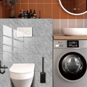 Gray marble texture tile sticker detail showing high-gloss waterproof finish for bathroom wall decor.