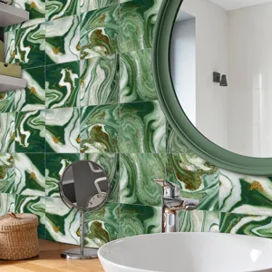 Green marble crystal film tile sticker, waterproof self-adhesive wall decor for bathroom.