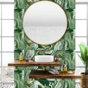 Green marble tile stickers waterproof self-adhesive wall paper home decor for bathroom wall.