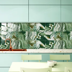 Green marble crystal tile sticker detail view, self-adhesive waterproof wall decor for kitchen.