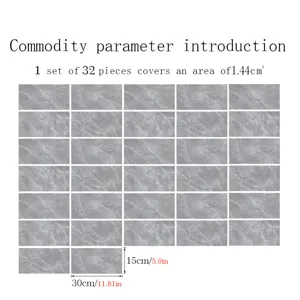 Grey marble pattern tile stickers self-adhesive waterproof wall stickers 32pcs set 30x15cm