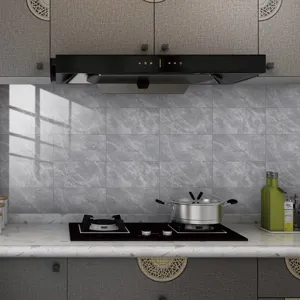 Grey marble pattern crystal film tile sticker for kitchen wall decor, self-adhesive.