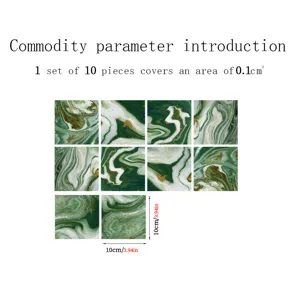 Green marble tile sticker detail view, self-adhesive waterproof wall and floor decor, 10 pcs.