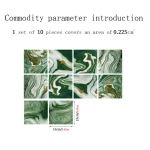 Green marble tile stickers, waterproof self-adhesive wall and floor decals, 10 pcs set.
