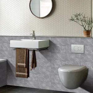 Detailed view of marble texture waterproof tile sticker applied in modern bathroom wall decor.