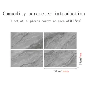 Detailed parameter view showing grey marble tile stickers, 4 pieces set with dimensions.