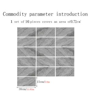 Marble pattern crystal film tile sticker detail, 16 pieces set, self-adhesive wall decor.