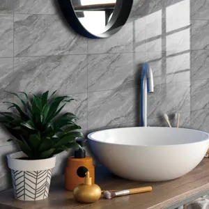 Grey marble tile sticker detail view, waterproof self-adhesive wall paper for bathroom decor.