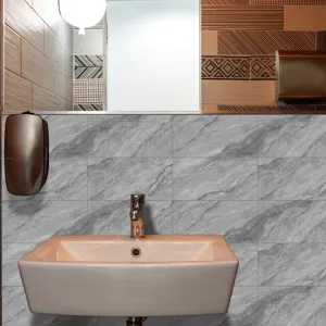 Grey marble tile sticker self-adhesive waterproof wall paper for home bathroom decor.